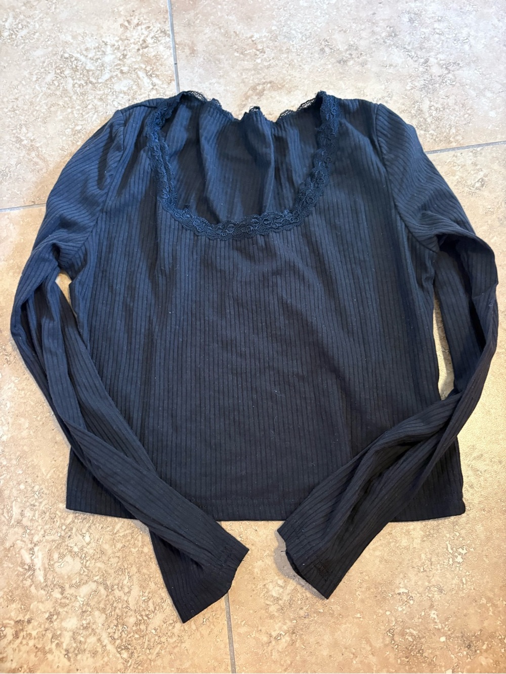 Black Lace-Trim Ribbed Long Sleeve Top